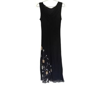 Black Floral Embroidered Sleeveless Maxi Dress S Cowl Neck Lined Boho Evening